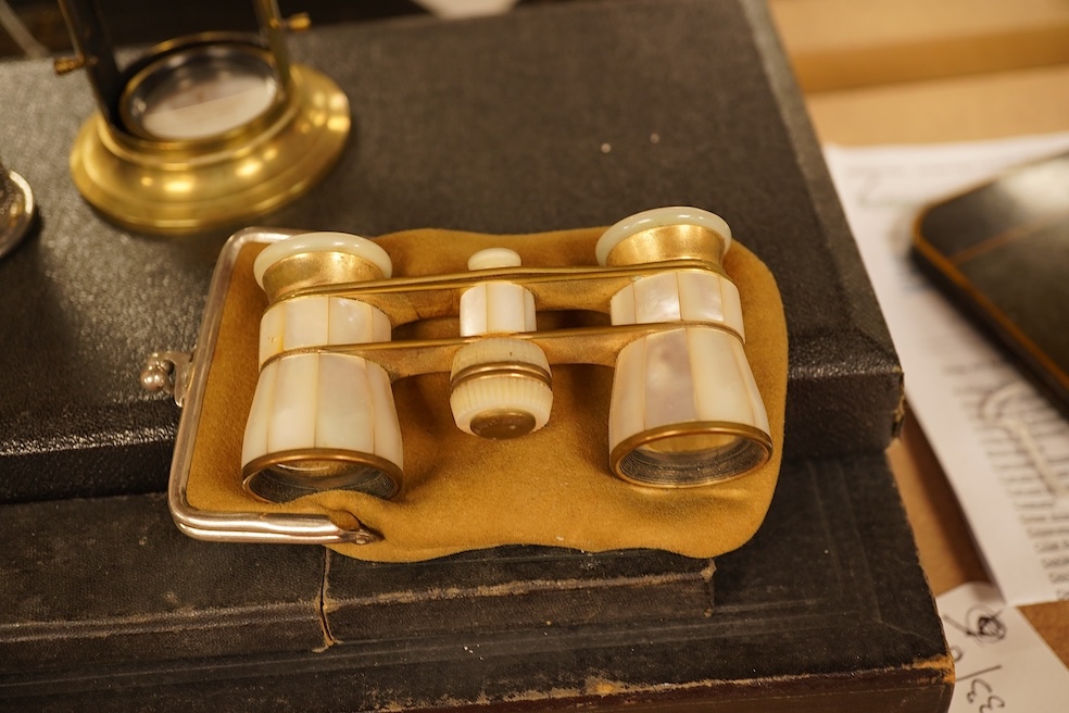 Sundry items to include a set of brass apothecary scales and weights, a brass student's microscope, a pair of opera glasses, a brass draw telescope, etc.